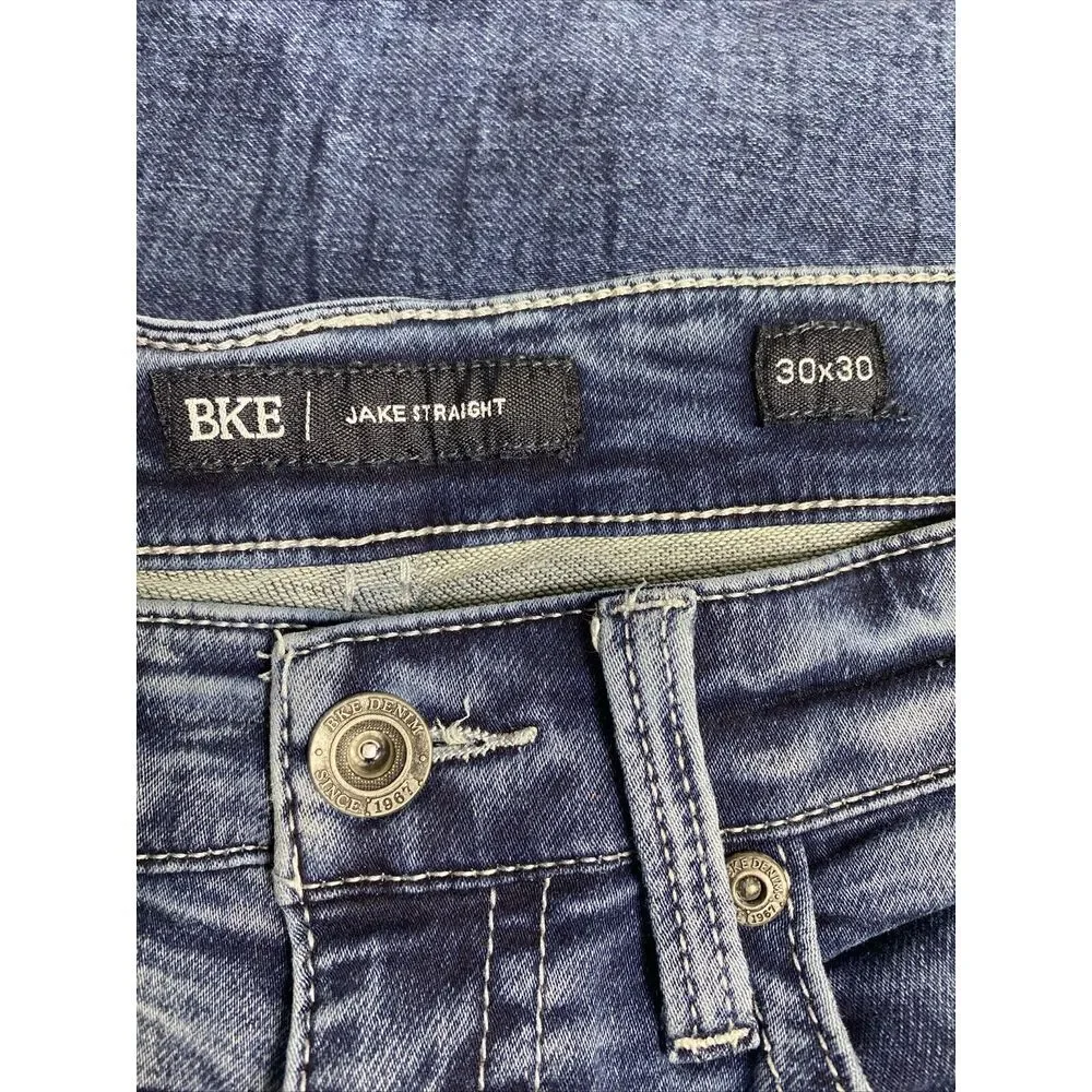 BKE Jake Jeans Mens 30X30 Straight Mid Rise‎ Distressed Blue Stretch Denim